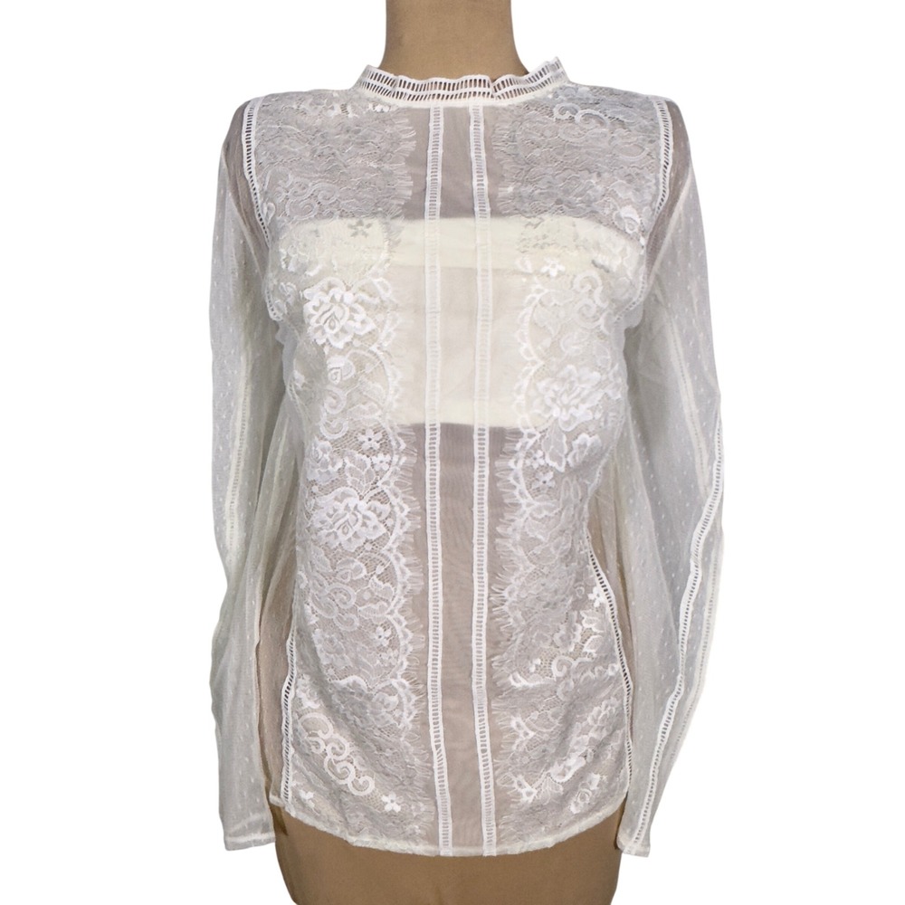 NWT Express Lace Inset Blouse Sheer Long Sleeve Top Ivory XL Cottagecore Boho